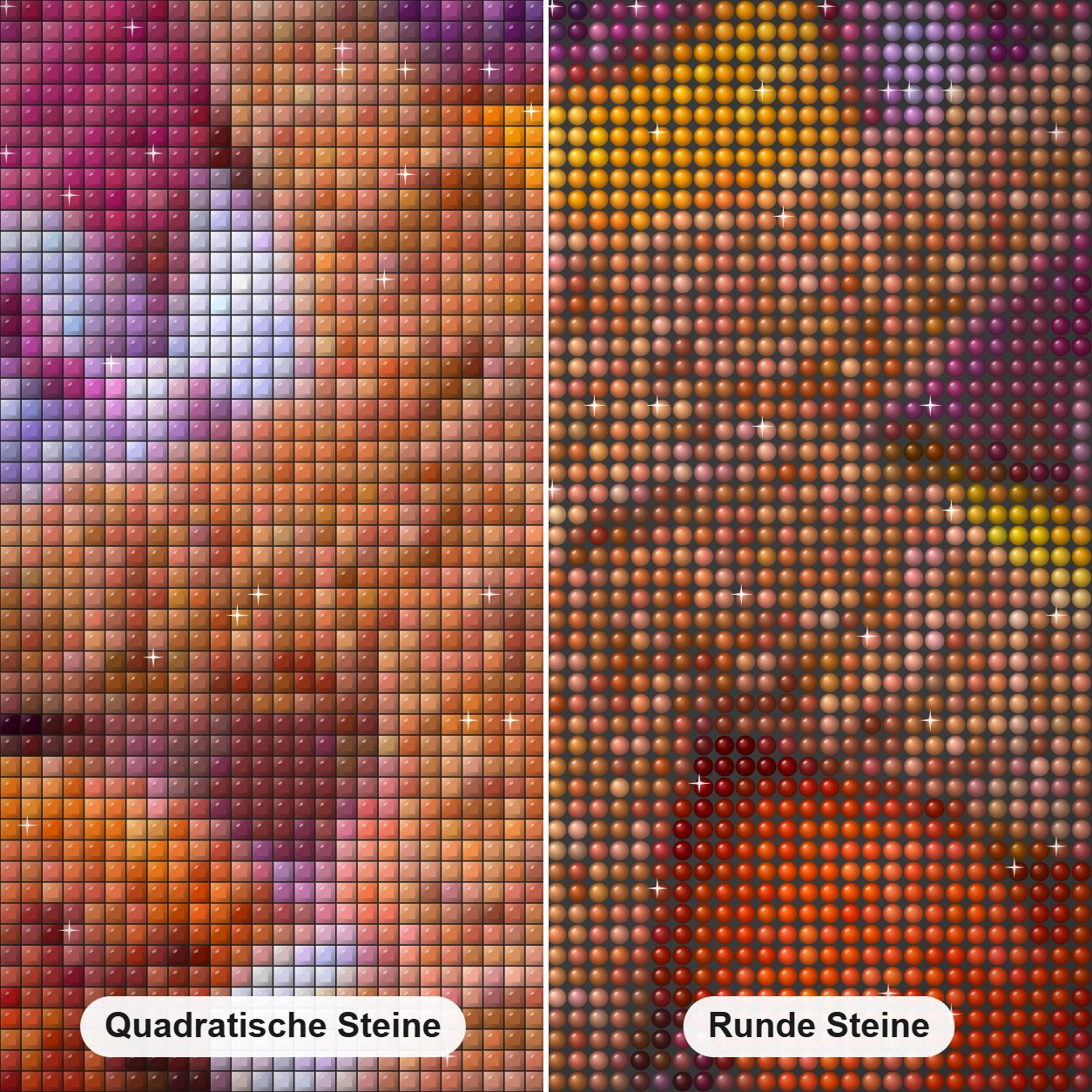 Star Fisch unter den Muscheln. Diamond Painting Nahaufnahme mit quadratischen und runden Steinen