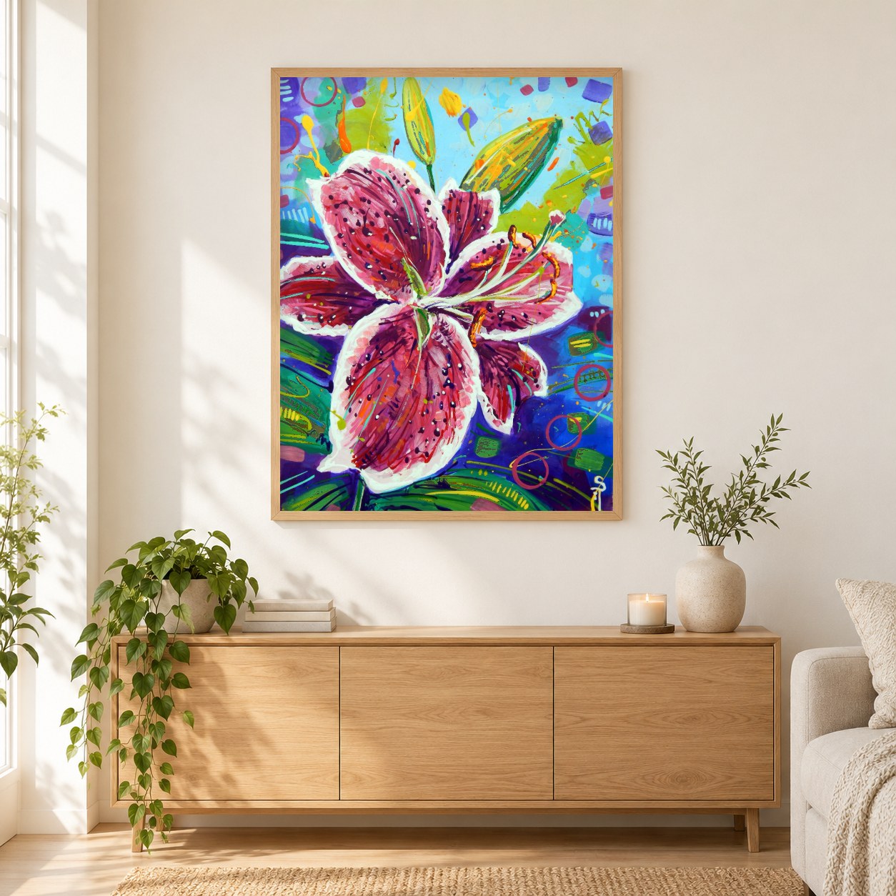 Sterngucker-Lilie - Kunst des Sandra Trubin als gerahmtes Diamond Painting im Wohnzimmer