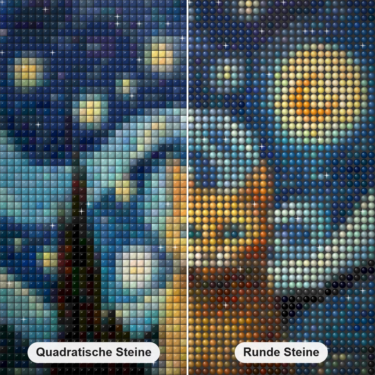 Sternennachtkatze Diamond Painting Nahaufnahme mit quadratischen und runden Steinen