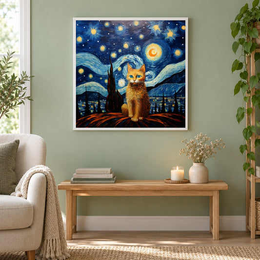 Sternennachtkatze als gerahmtes Diamond Painting im Wohnzimmer