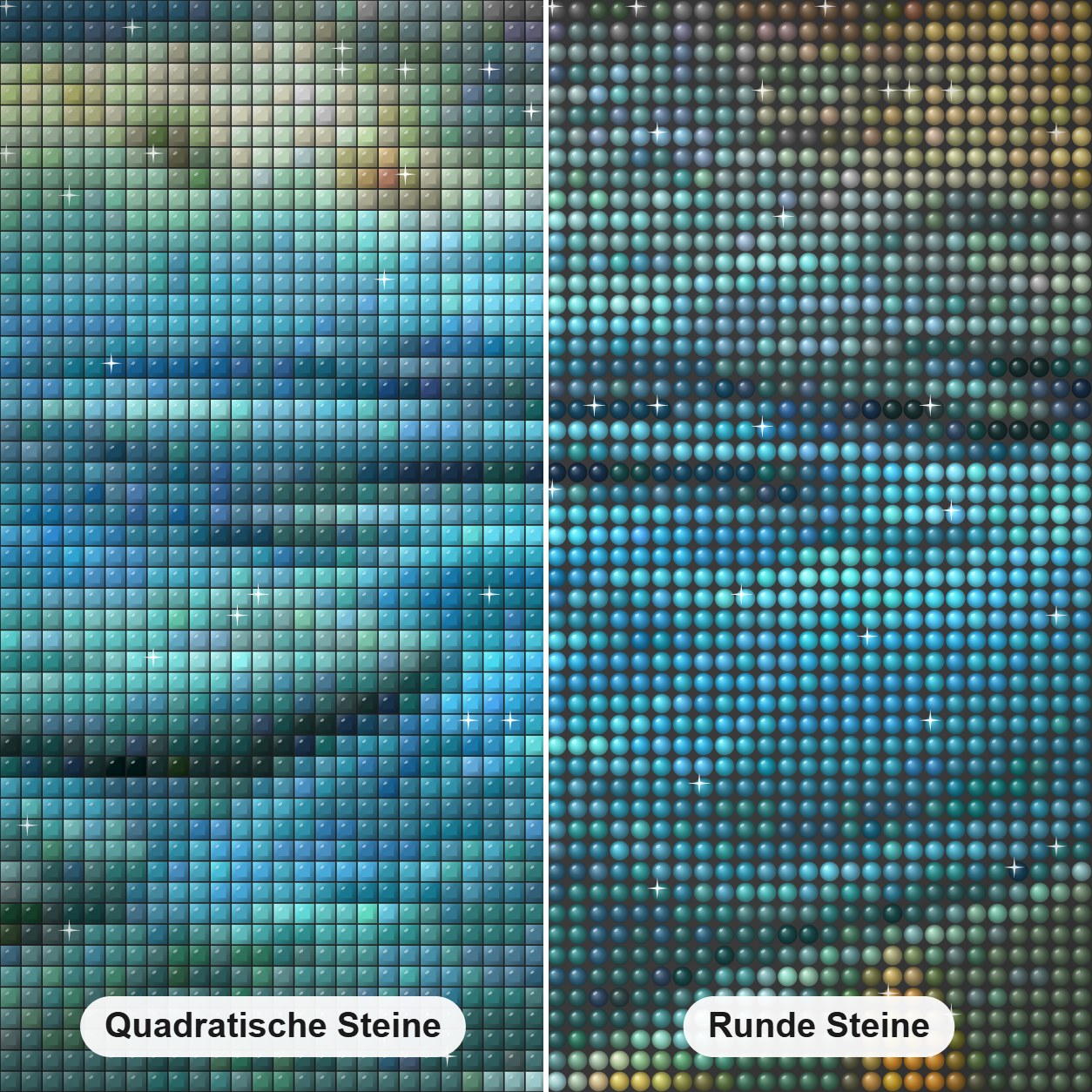 Sternfisch Diamond Painting Nahaufnahme mit quadratischen und runden Steinen