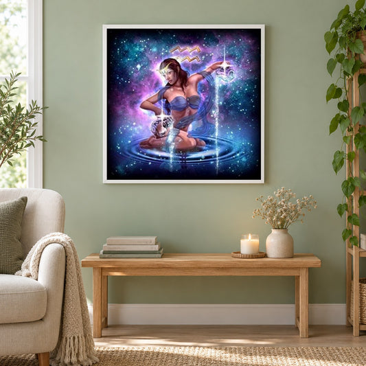 Sternzeichen Wassermann als gerahmtes Diamond Painting im Wohnzimmer