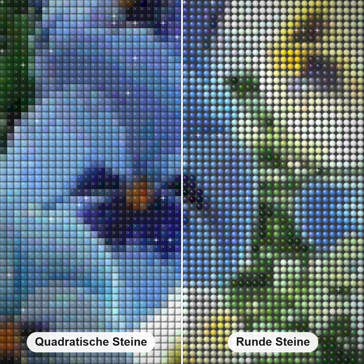 Stiefmütterchen Blumen Diamond Painting Nahaufnahme mit quadratischen und runden Steinen