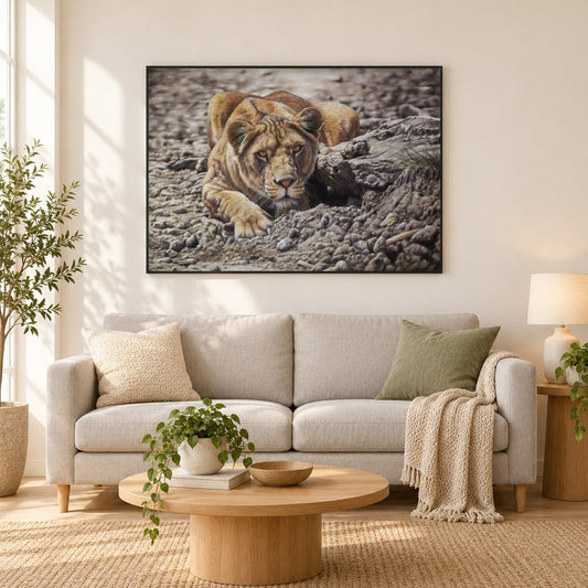 Typl Leben - Kunst des Eric Wilson als gerahmtes Diamond Painting im Wohnzimmer