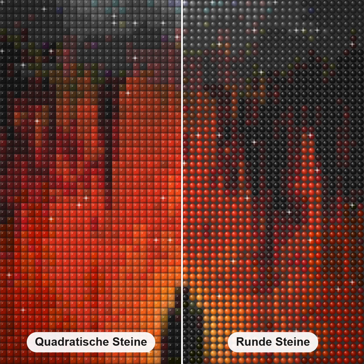 Direkt aus der Hölle Diamond Painting Nahaufnahme mit quadratischen und runden Steinen