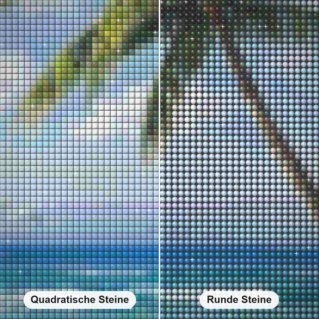 Strand Diamond Painting Nahaufnahme mit quadratischen und runden Steinen
