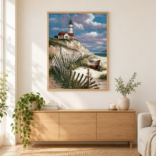 Strand Leuchtturm als gerahmtes Diamond Painting im Wohnzimmer