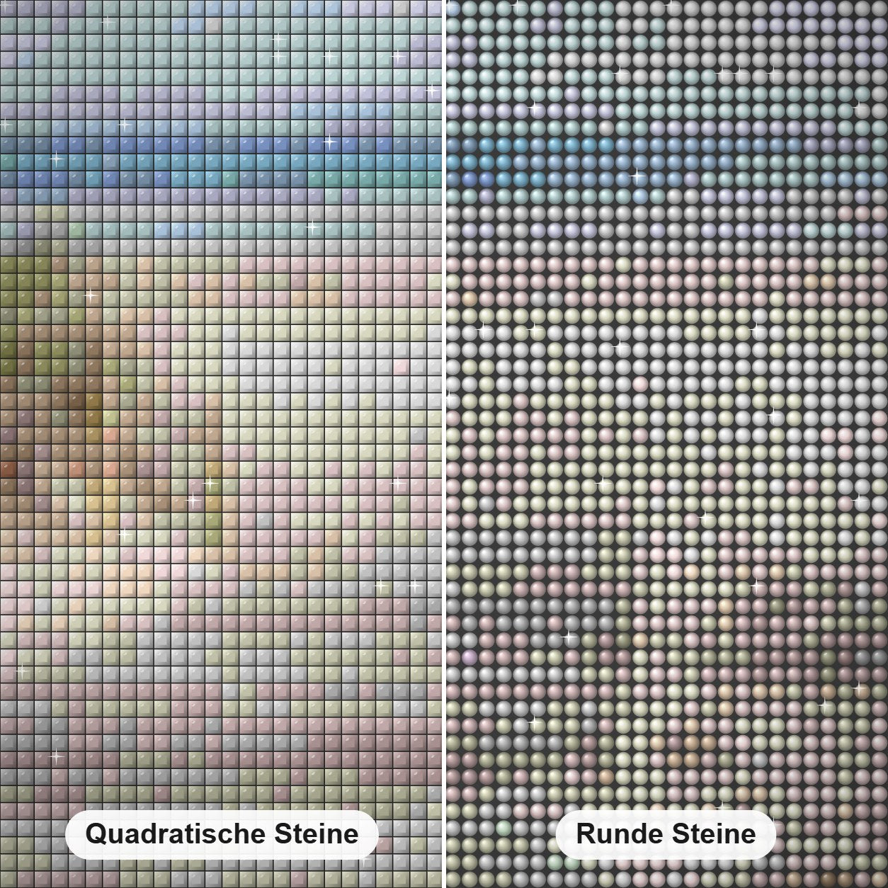 Strandeingang Diamond Painting Nahaufnahme mit quadratischen und runden Steinen