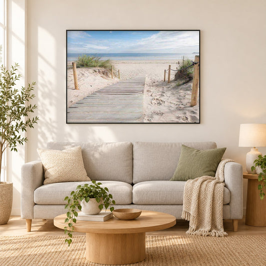 Strandeingang als gerahmtes Diamond Painting im Wohnzimmer