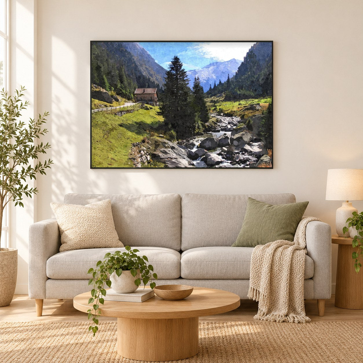Streamside Mountain Chalet - Kunst des Denise Dundon als gerahmtes Diamond Painting im Wohnzimmer