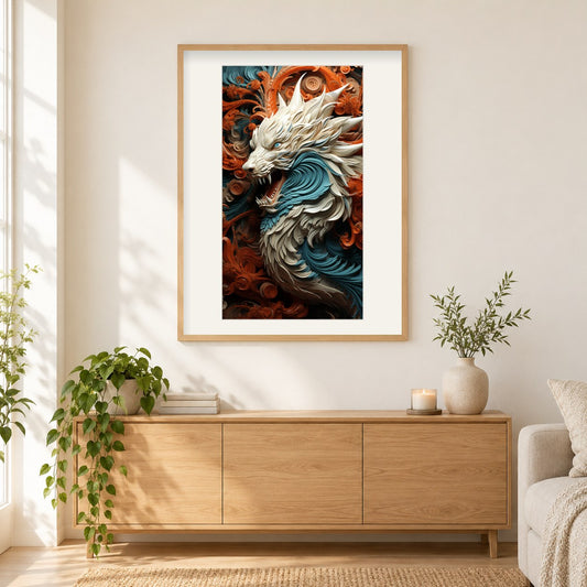Stilisierter Cartoon-Drache - Diamantkunst als gerahmtes Diamond Painting im Wohnzimmer