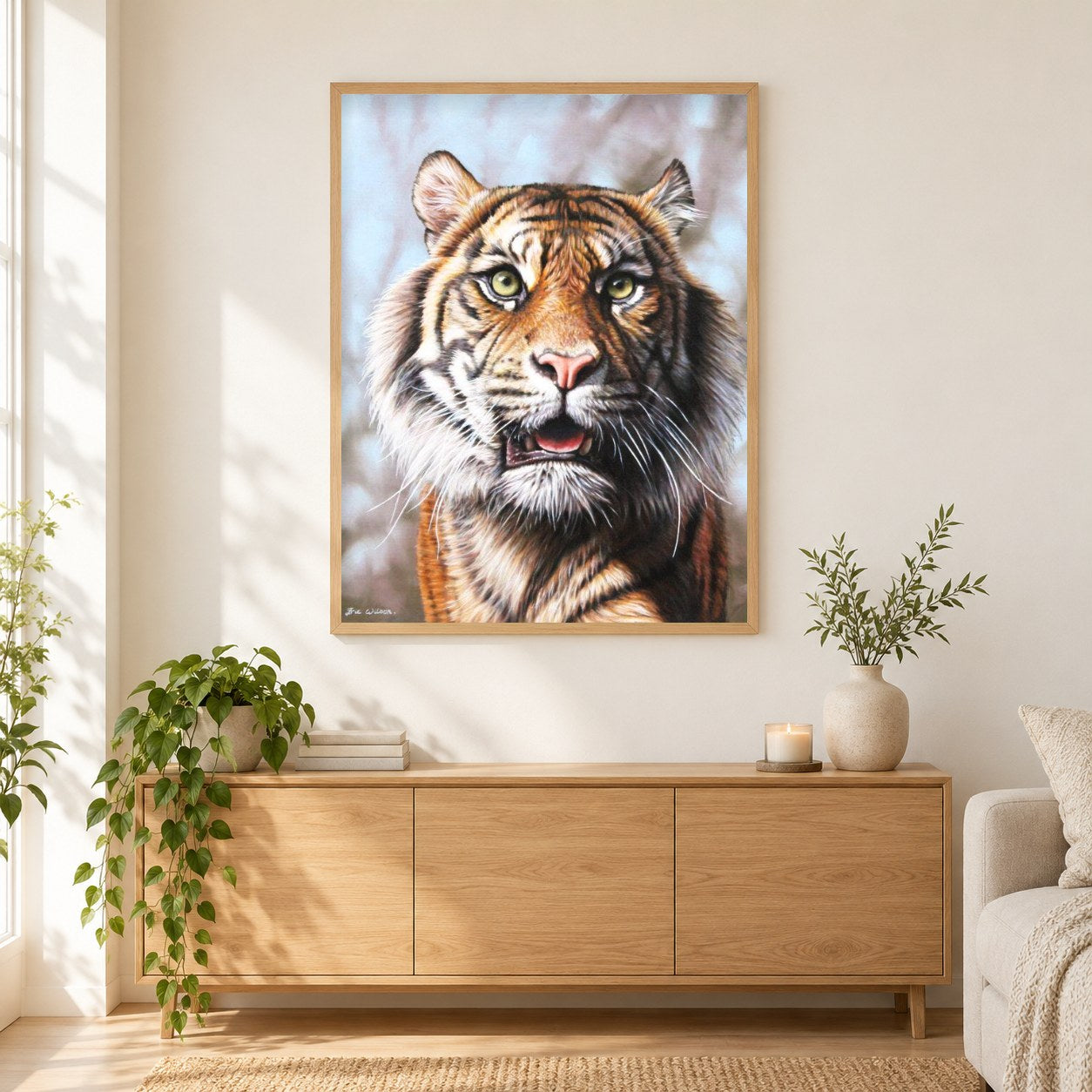 Sumatra-Tiger II -  Kunst des Eric Wilson als gerahmtes Diamond Painting im Wohnzimmer