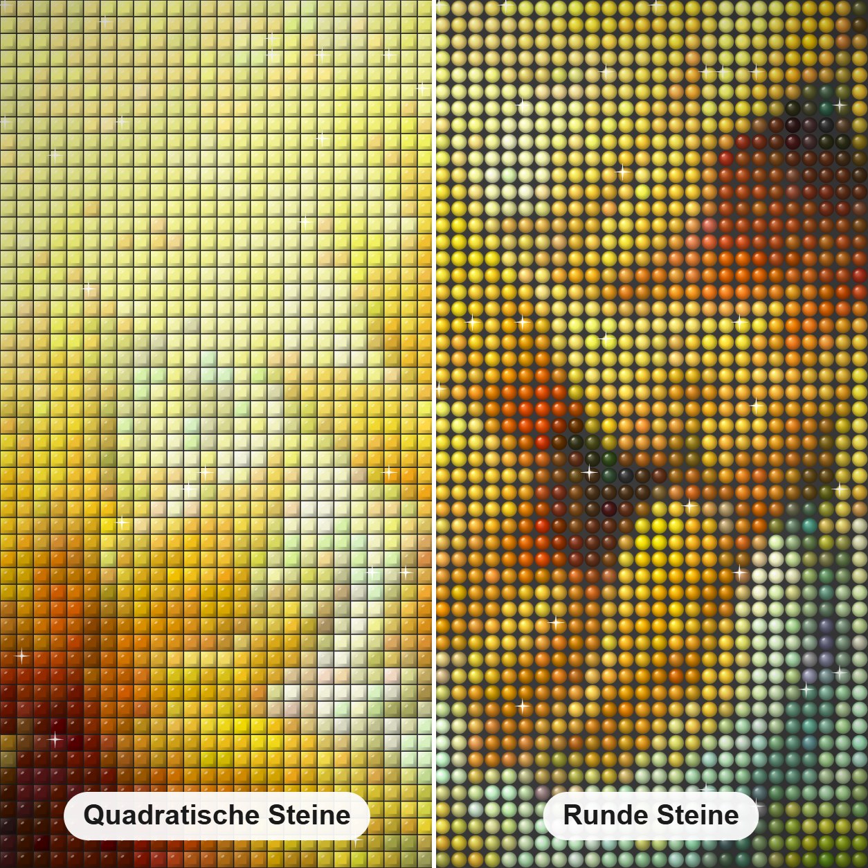 Sonnenbaden - Kunst des Linda Wilder Diamond Painting Nahaufnahme mit quadratischen und runden Steinen