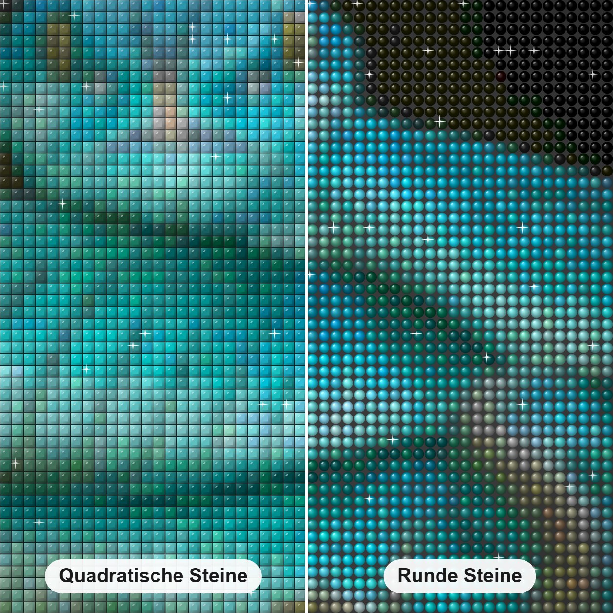 Türkisblaue Grubenotter Diamond Painting Nahaufnahme mit quadratischen und runden Steinen