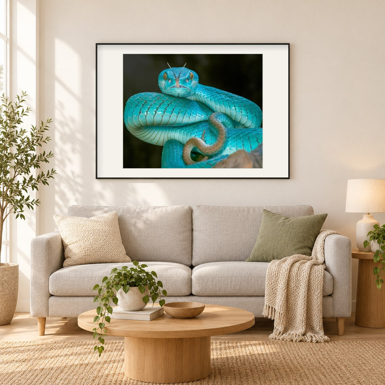Türkisblaue Grubenotter als gerahmtes Diamond Painting im Wohnzimmer