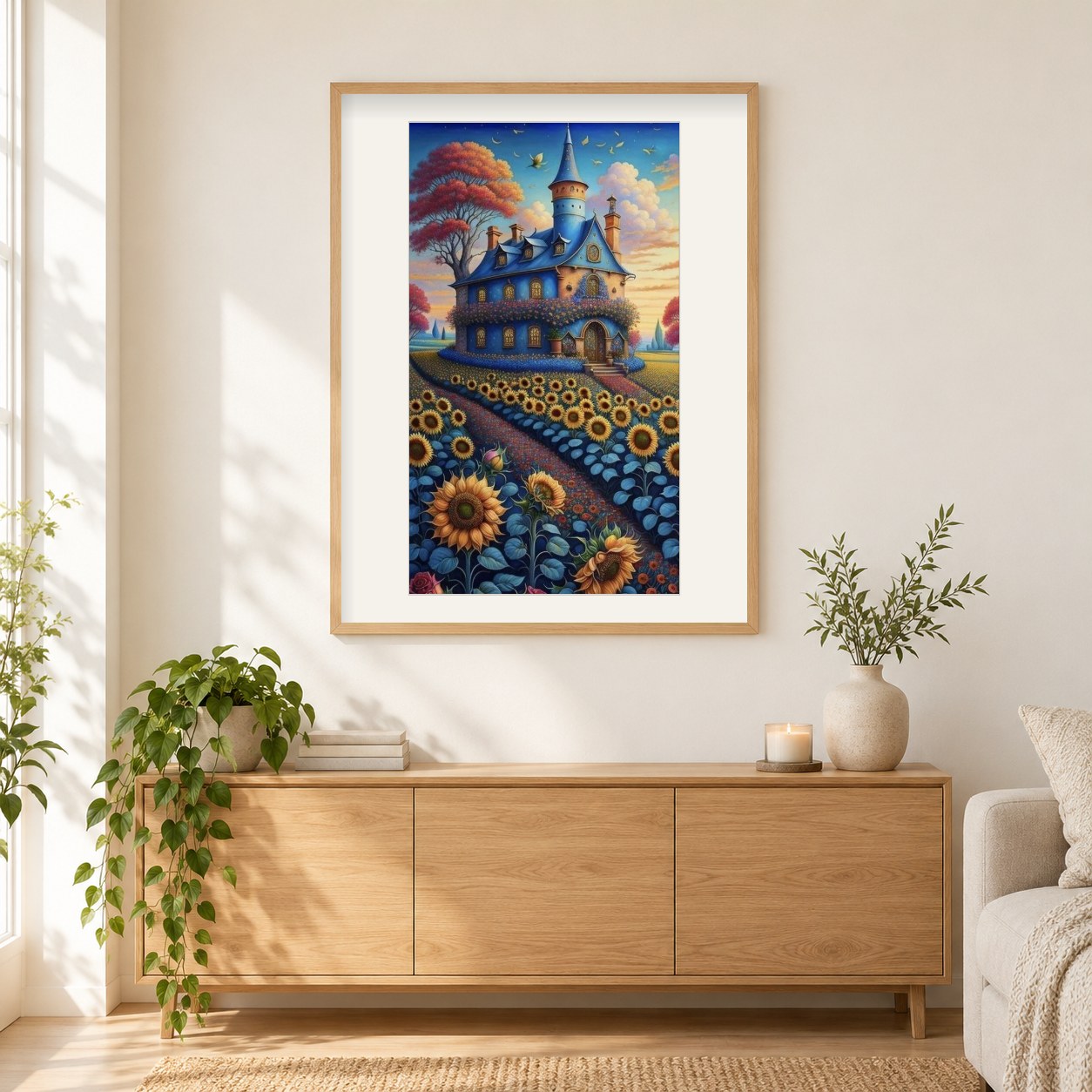 Sonnenblumengarten ziert das schöne Haus als gerahmtes Diamond Painting im Wohnzimmer