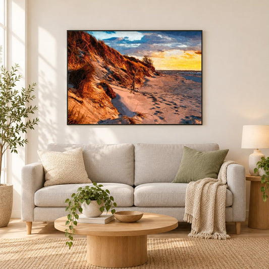 Sonnenuntergang auf den Dünen - Kunst des Denise Dundon als gerahmtes Diamond Painting im Wohnzimmer