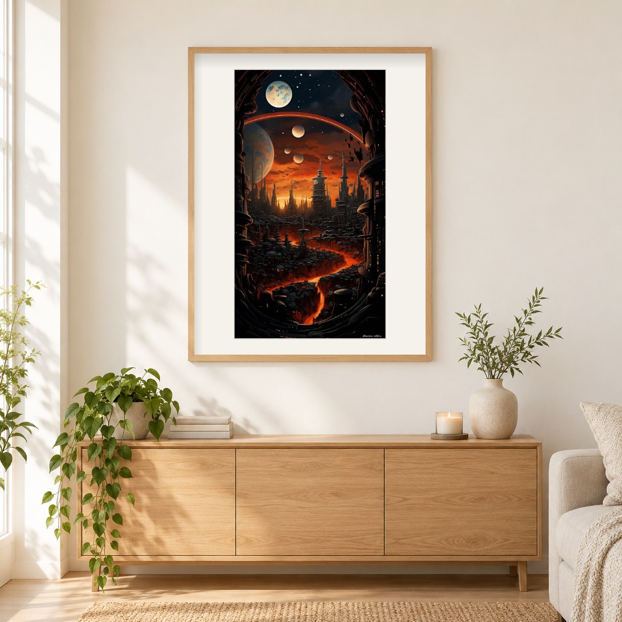 Sonnenuntergänge in der Stadt des Feuers als gerahmtes Diamond Painting im Wohnzimmer