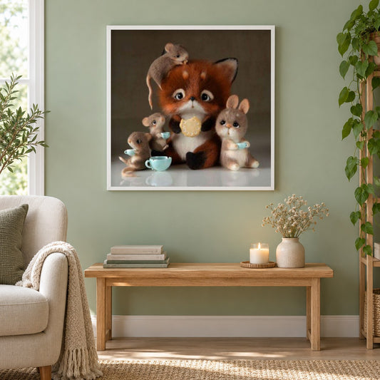 Süße Cartoons, die Tee haben als gerahmtes Diamond Painting im Wohnzimmer
