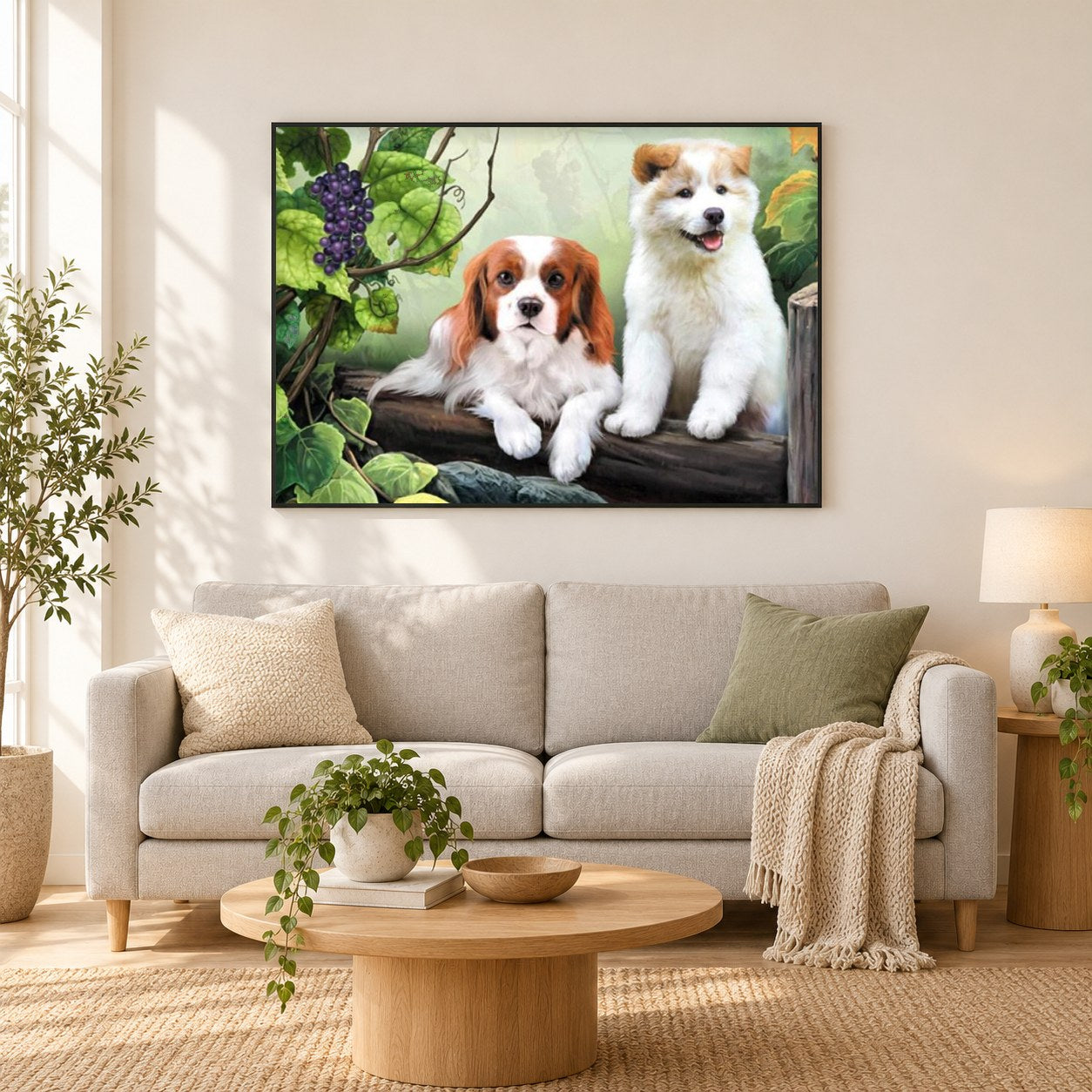 Süße Hunde & Weintraube als gerahmtes Diamond Painting im Wohnzimmer