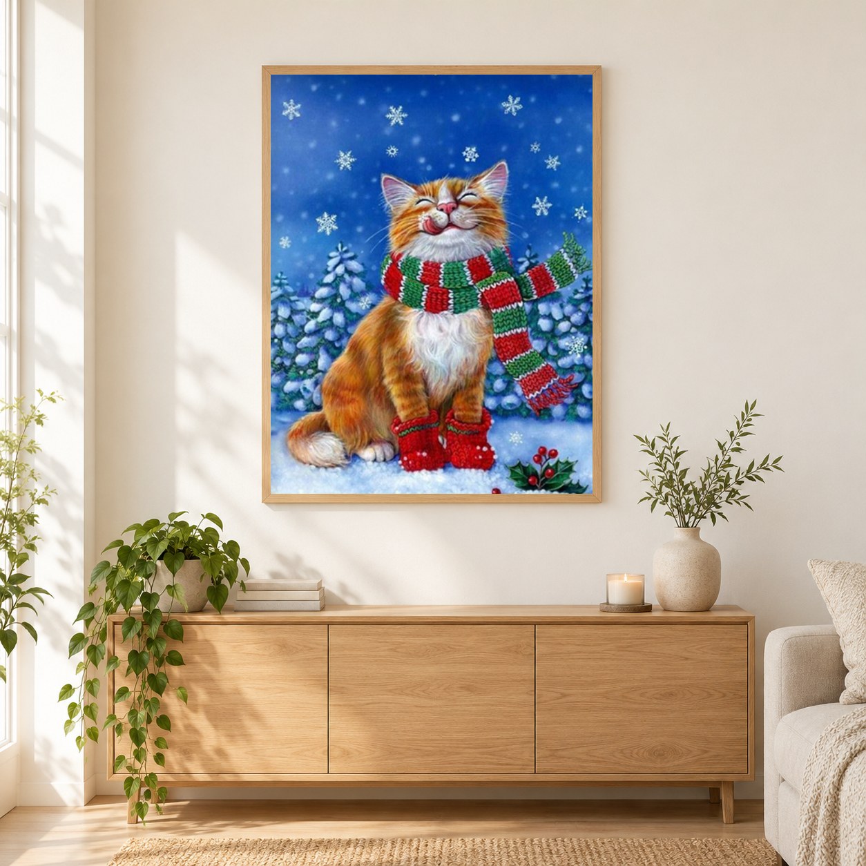 Süße Katze in der Weihnachtszeit als gerahmtes Diamond Painting im Wohnzimmer