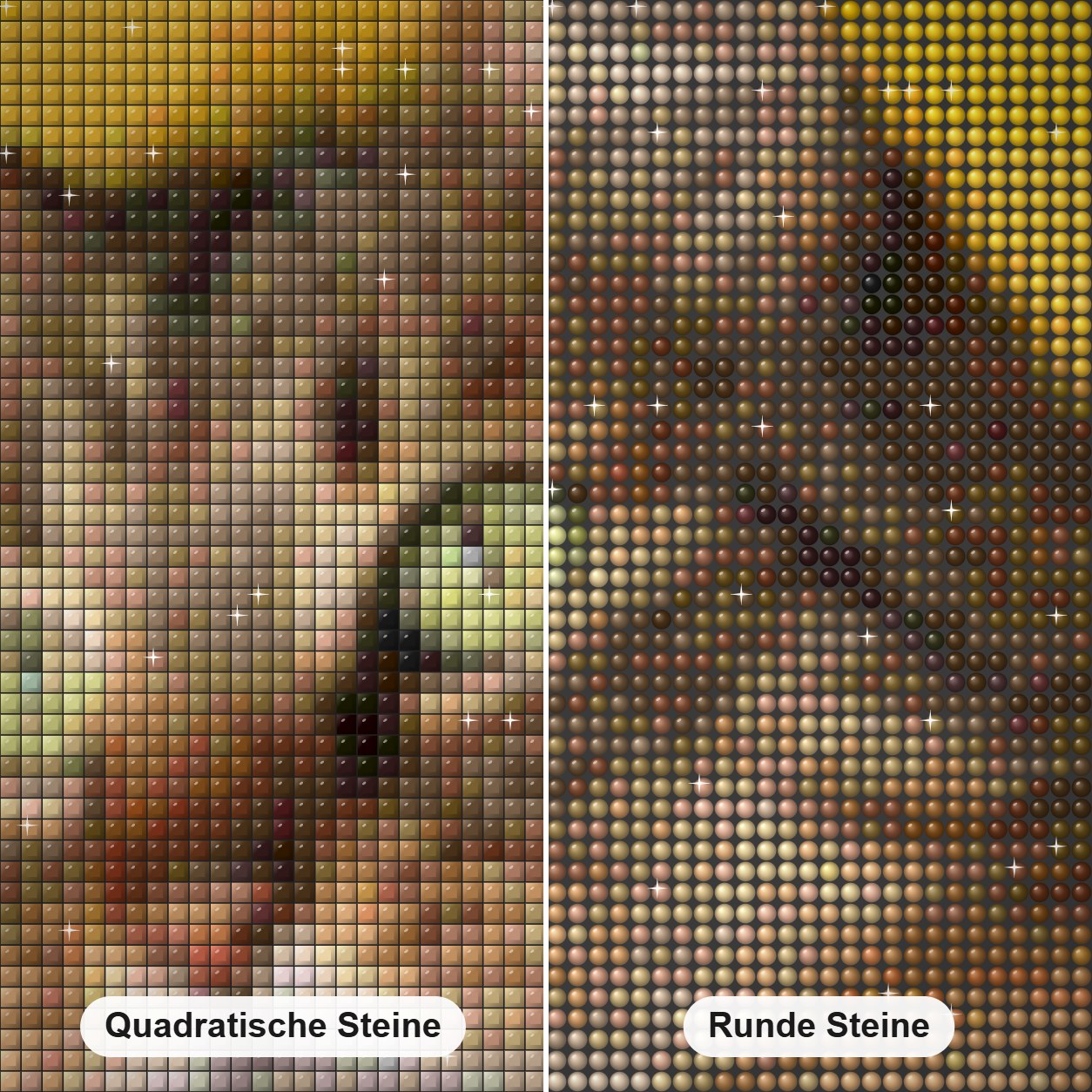 Süße Katze mit starren Augen Diamond Painting Nahaufnahme mit quadratischen und runden Steinen