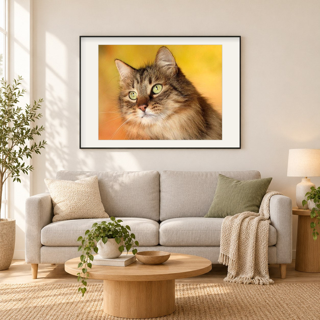 Süße Katze mit starren Augen als gerahmtes Diamond Painting im Wohnzimmer