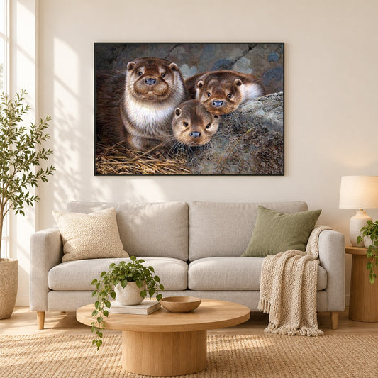 Süße Otterbabys als gerahmtes Diamond Painting im Wohnzimmer