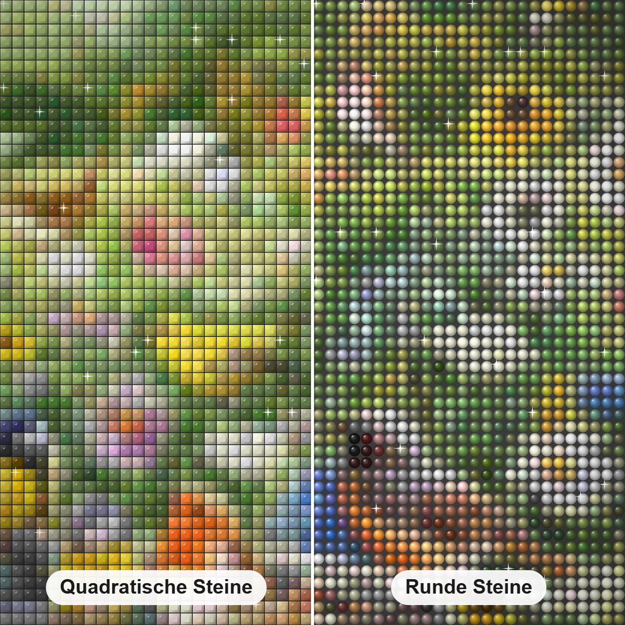 Süße Vögel im Blumengarten Diamond Painting Nahaufnahme mit quadratischen und runden Steinen