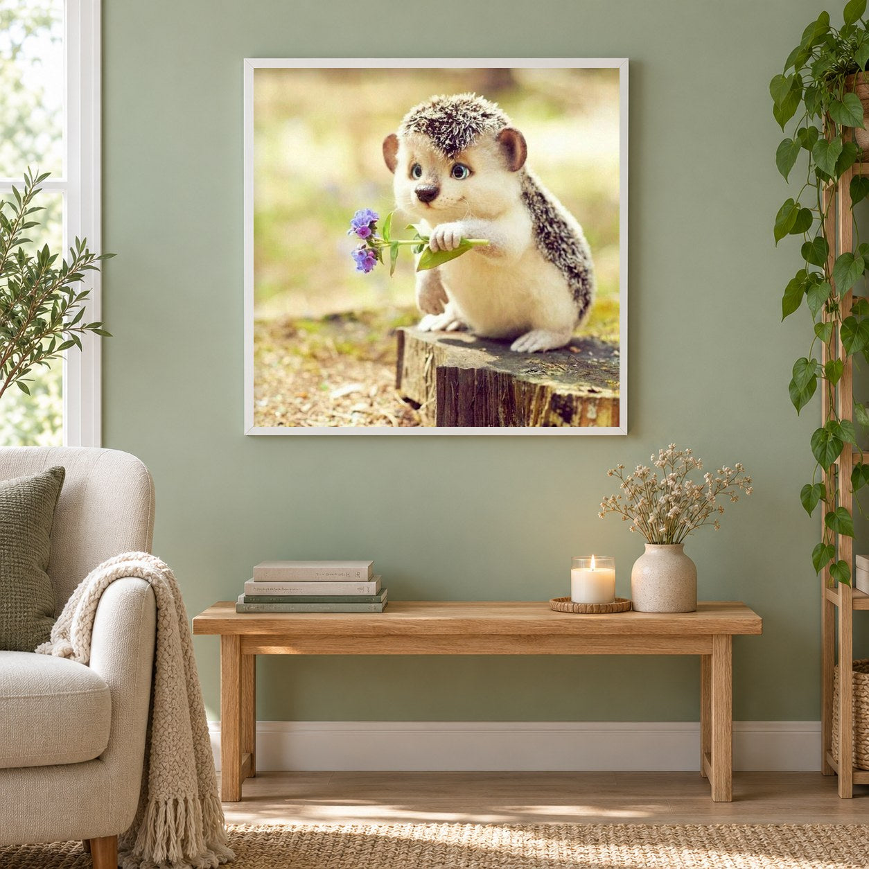 Süßer Igel mit Blumen als gerahmtes Diamond Painting im Wohnzimmer