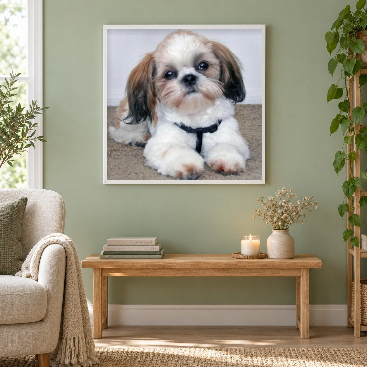 Süßer Welpe als gerahmtes Diamond Painting im Wohnzimmer