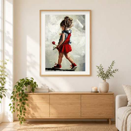 Süßes Kind mit schöner Rose als gerahmtes Diamond Painting im Wohnzimmer