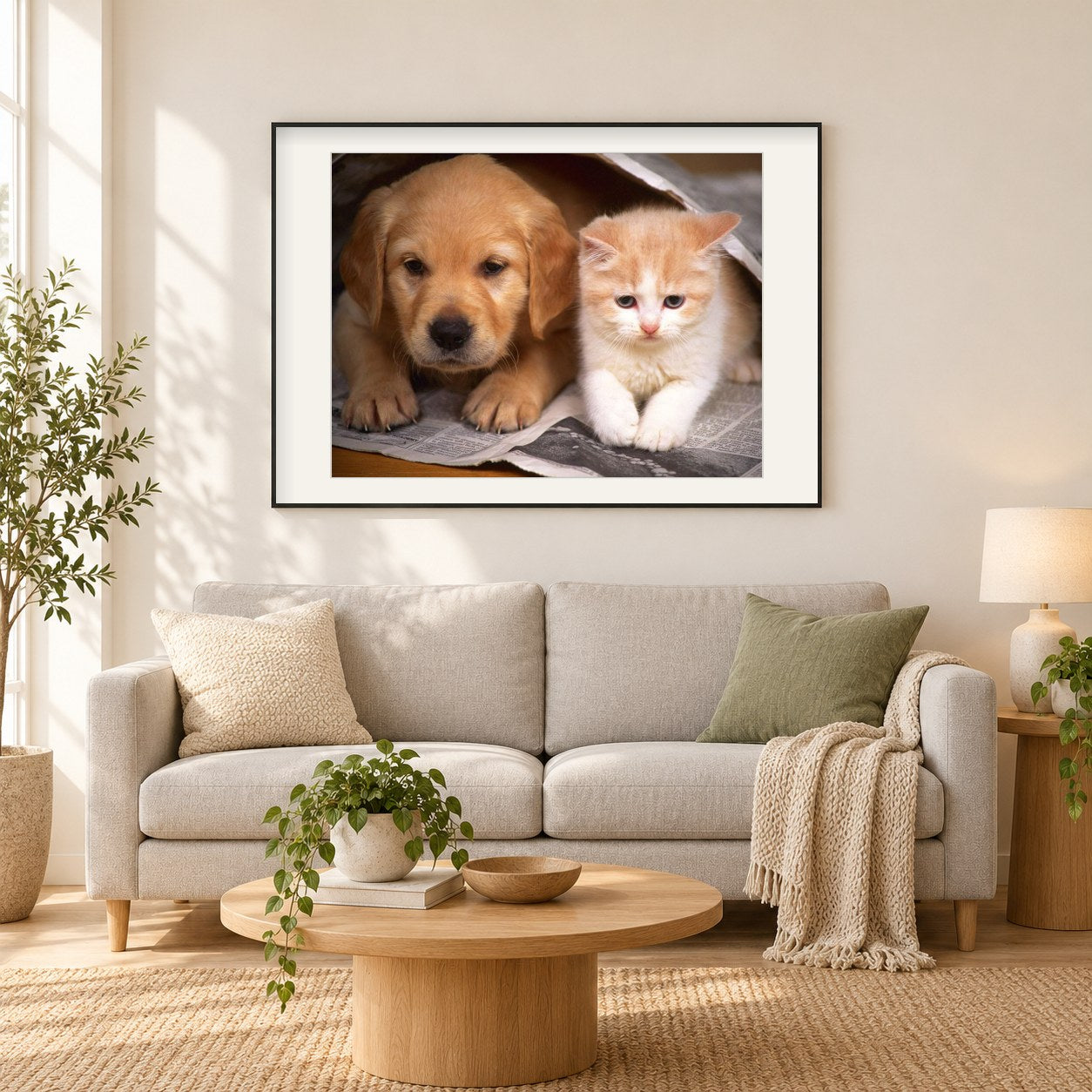 Süßester Hund & Katze als gerahmtes Diamond Painting im Wohnzimmer