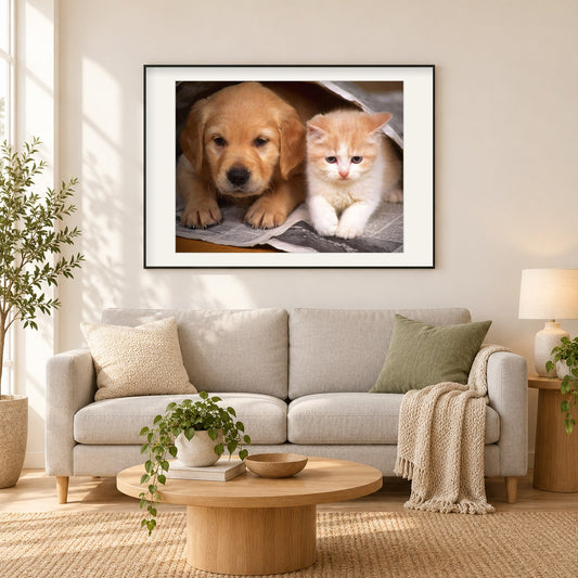 Süßester Hund & Katze als gerahmtes Diamond Painting im Wohnzimmer