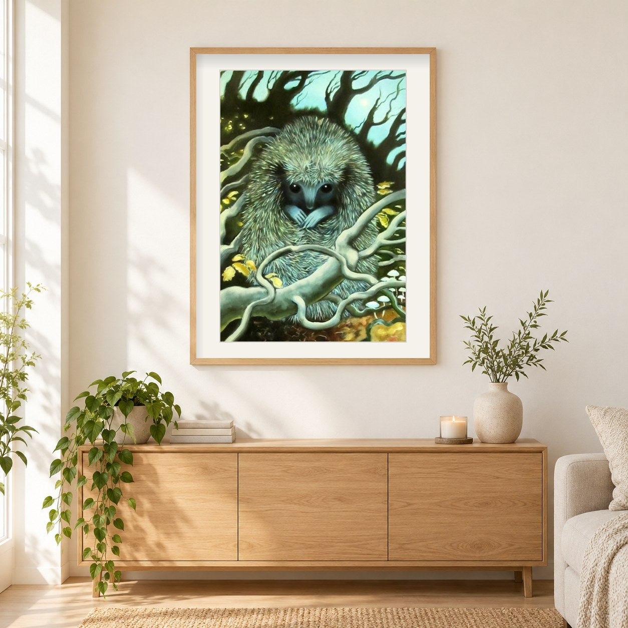 Süßestes Igelbaby als gerahmtes Diamond Painting im Wohnzimmer