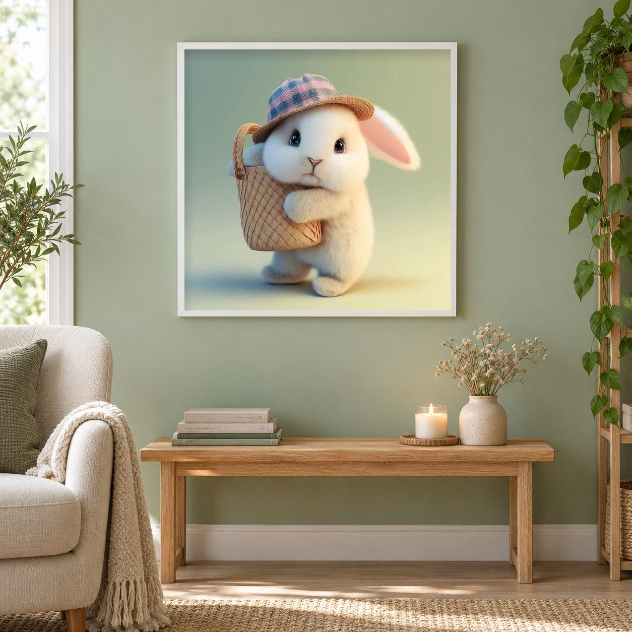 Süße Hasenliebe als gerahmtes Diamond Painting im Wohnzimmer