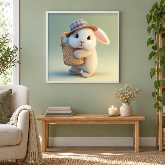 Süße Hasenliebe als gerahmtes Diamond Painting im Wohnzimmer