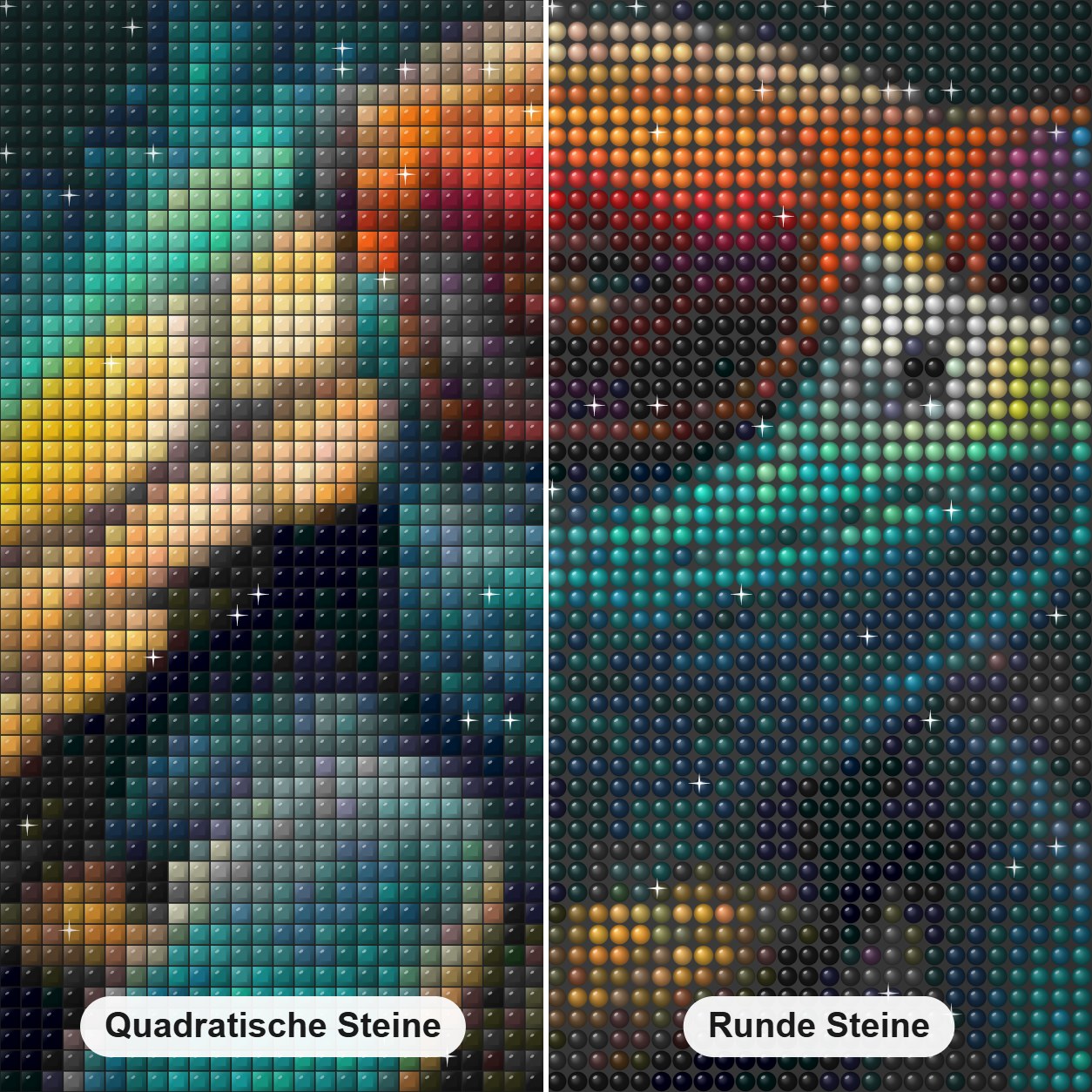 Schwimmen Sie mit Stil Diamond Painting Nahaufnahme mit quadratischen und runden Steinen