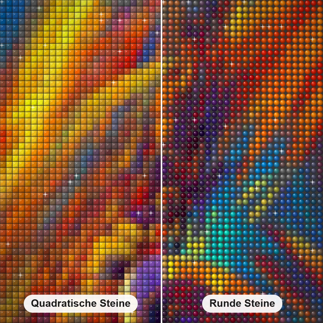 Schwingzeit - Kunst des Simon Bull Diamond Painting Nahaufnahme mit quadratischen und runden Steinen