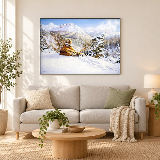 Taiga Tiger - Kunst des Eric Wilson als gerahmtes Diamond Painting im Wohnzimmer
