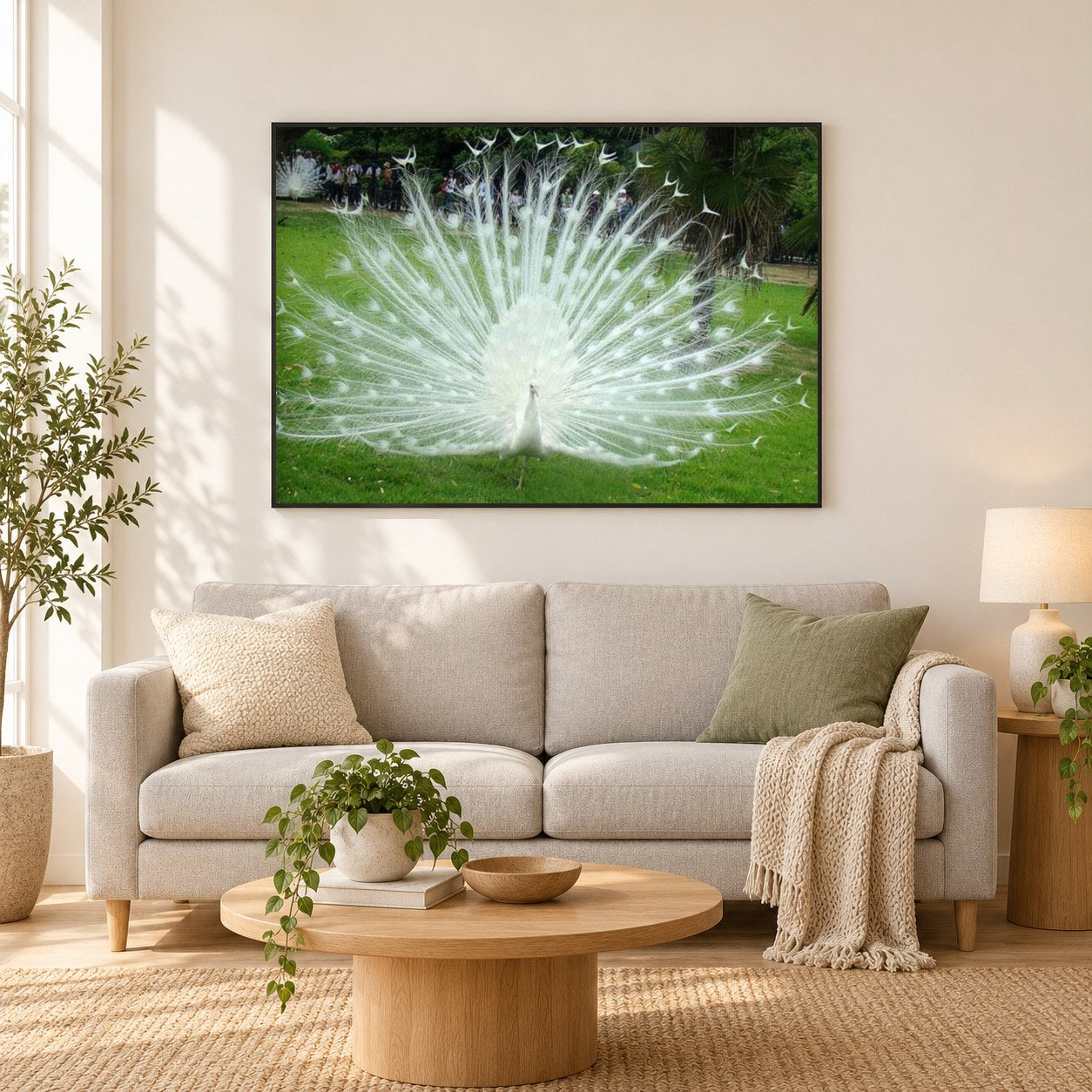 Tanzen weiße Pfau als gerahmtes Diamond Painting im Wohnzimmer