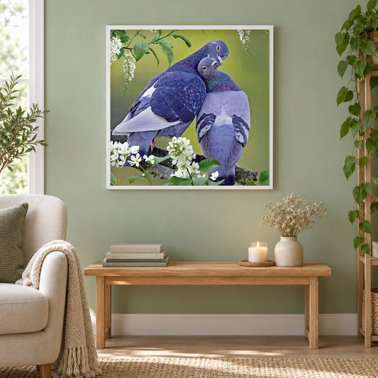 Taube als gerahmtes Diamond Painting im Wohnzimmer