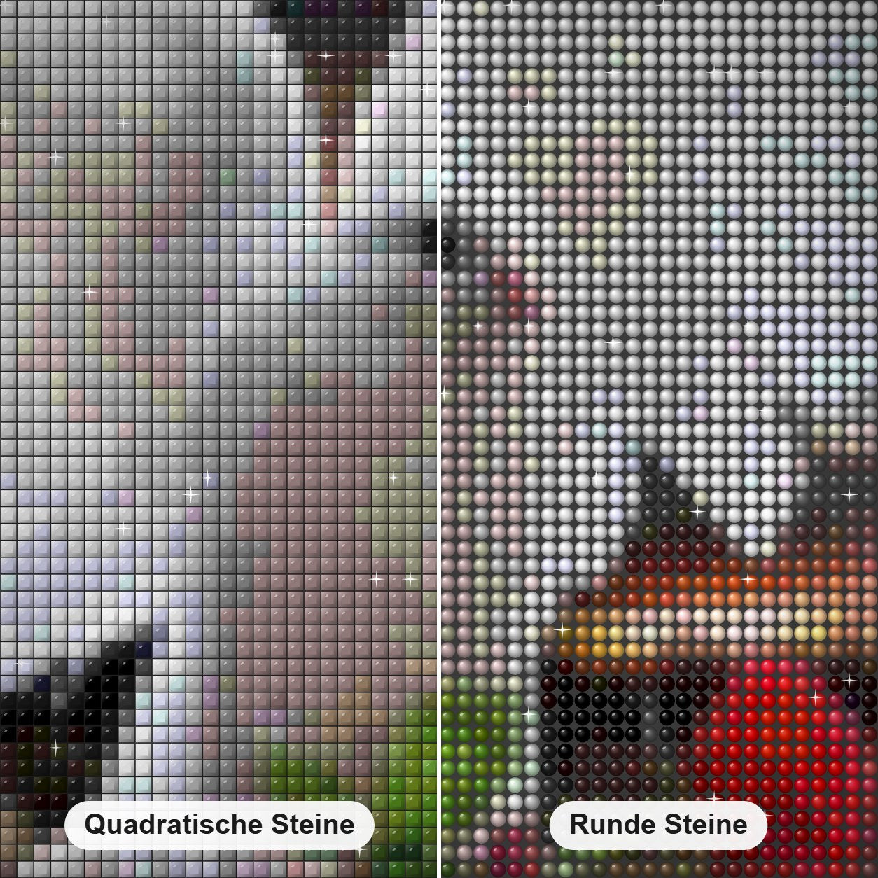 Taube mit roter Rose Diamond Painting Nahaufnahme mit quadratischen und runden Steinen