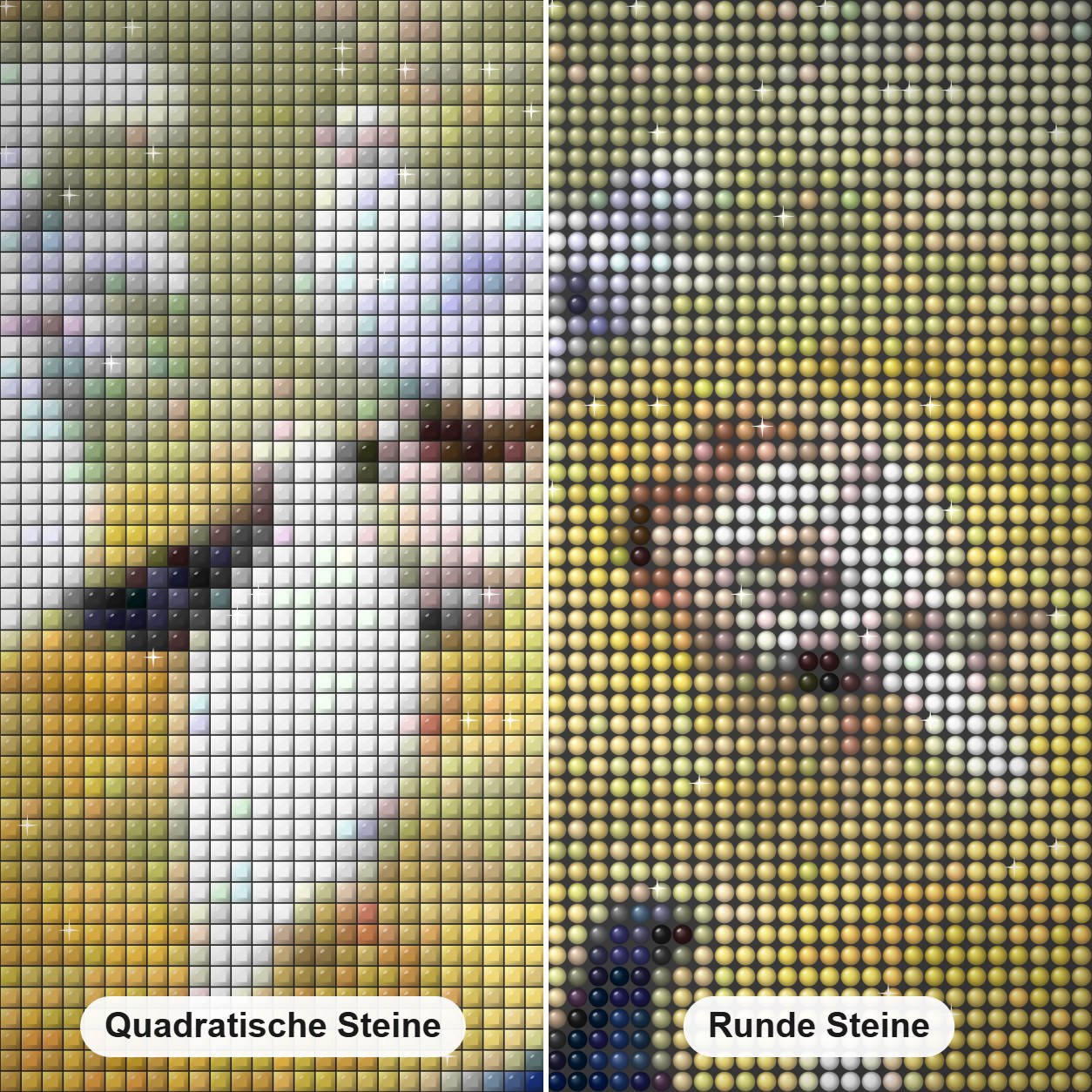 Tauben Diamond Painting Nahaufnahme mit quadratischen und runden Steinen