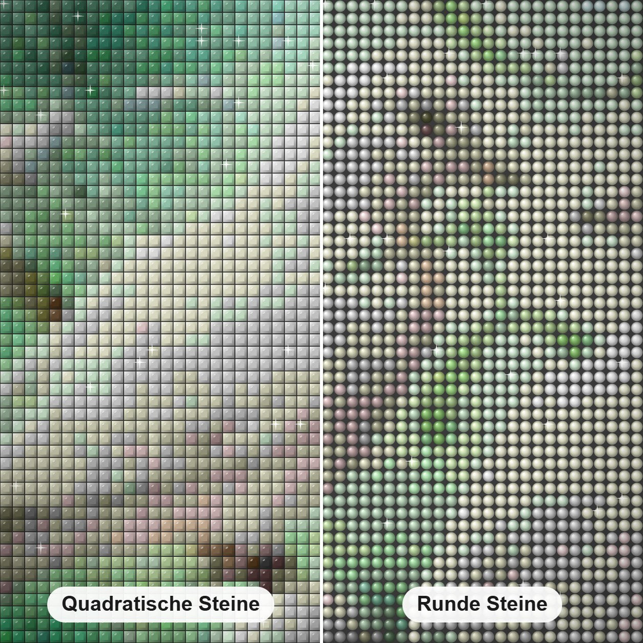Taubenpaar Diamond Painting Nahaufnahme mit quadratischen und runden Steinen