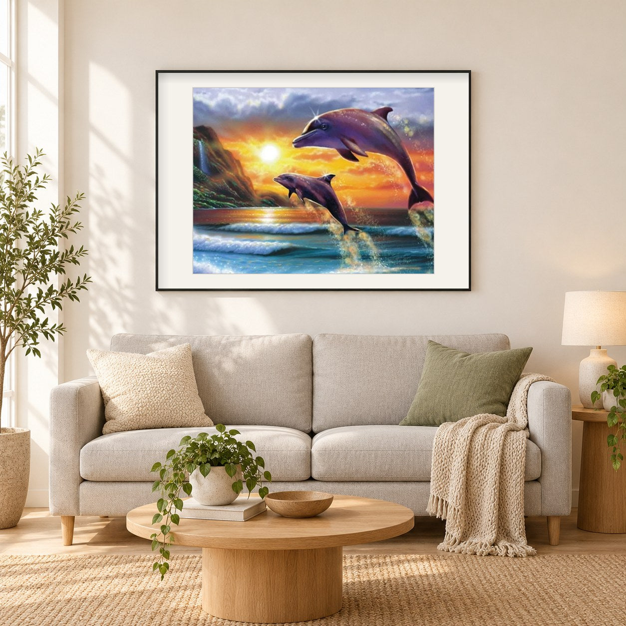 Tauchende Delfine als gerahmtes Diamond Painting im Wohnzimmer
