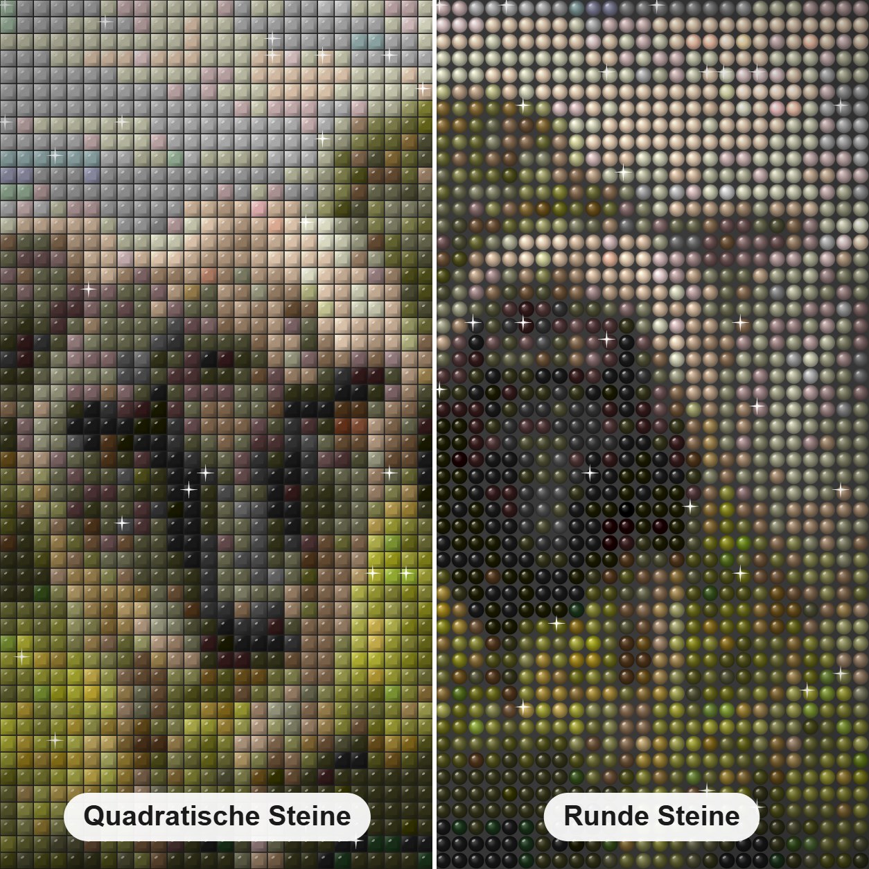 Taurin-Rinder Diamond Painting Nahaufnahme mit quadratischen und runden Steinen