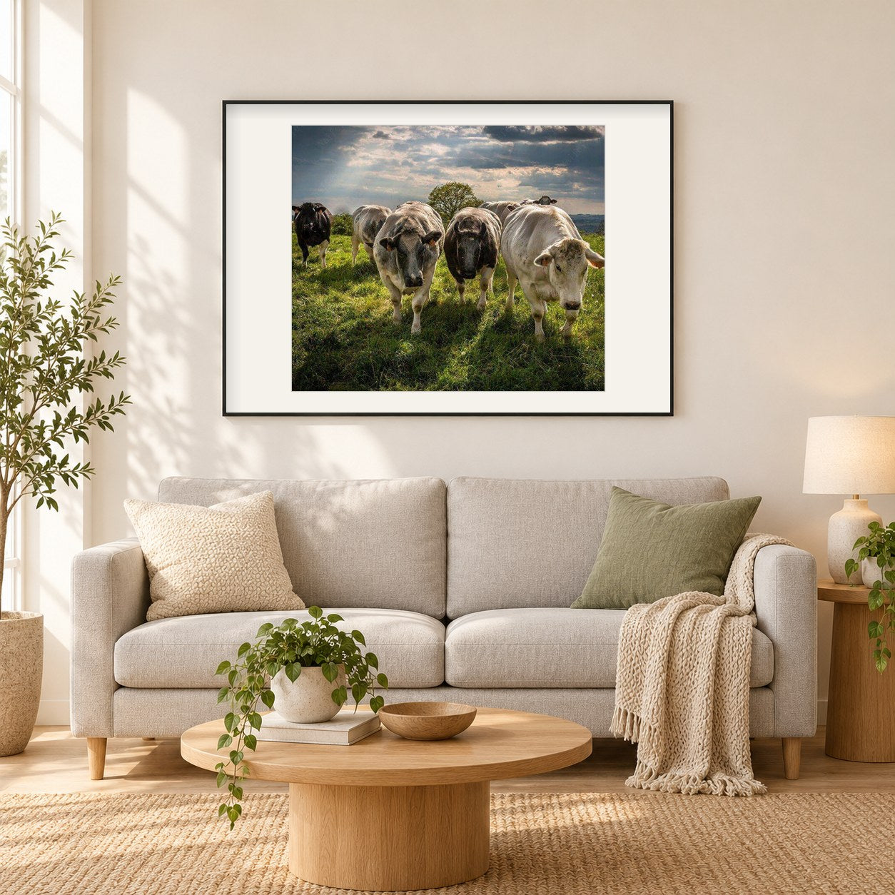Taurin-Rinder als gerahmtes Diamond Painting im Wohnzimmer