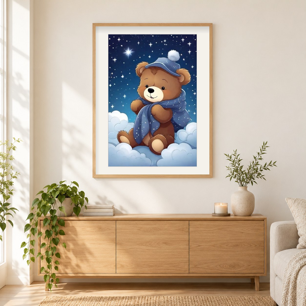 Teddybärs nächtliches Abenteuer als gerahmtes Diamond Painting im Wohnzimmer