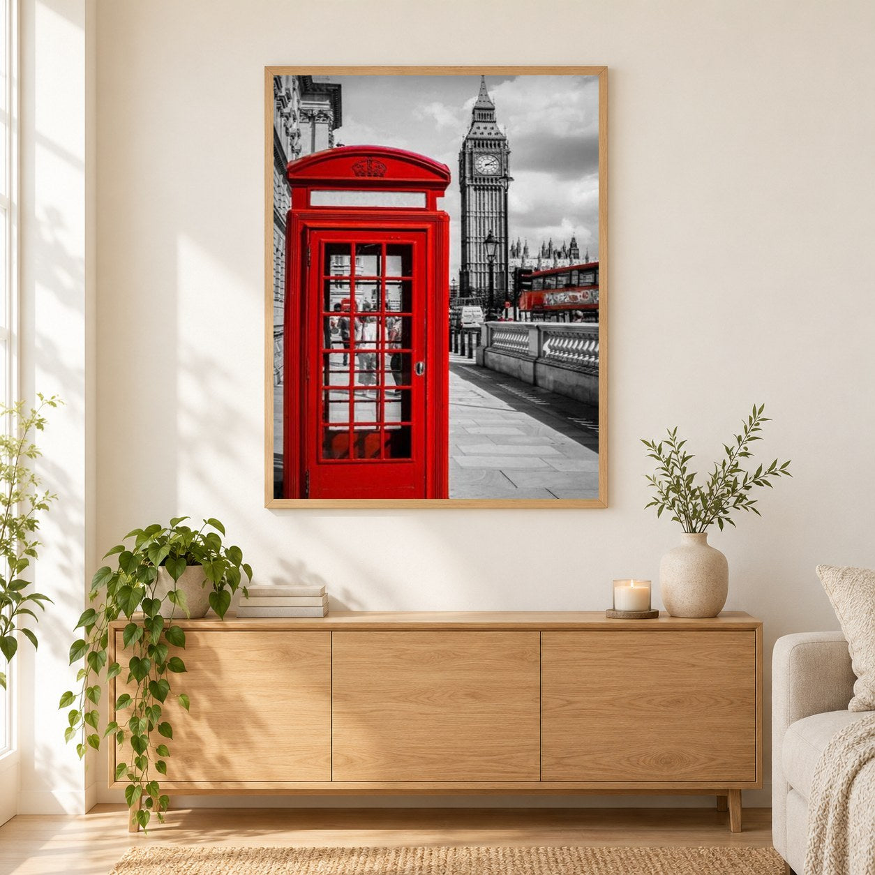 Telefonzelle in London als gerahmtes Diamond Painting im Wohnzimmer